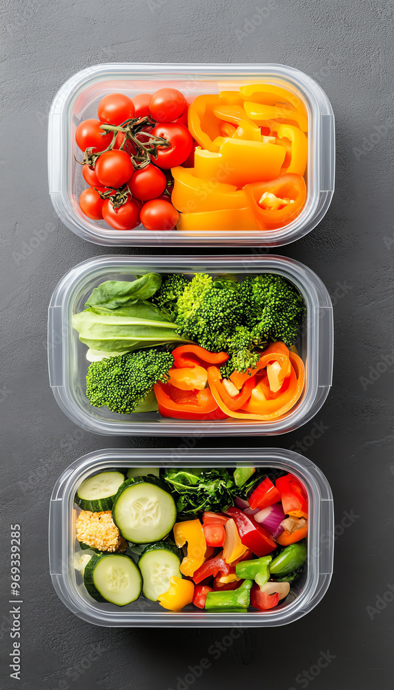 Freshly prepared vegetables in clear containers, showcasing a vibrant assortment of colors for healthy meal prep and storage. Freshly prepared vegetables in clear containers, showcasing a vibrant assortment of colors for healthy meal prep and storage.