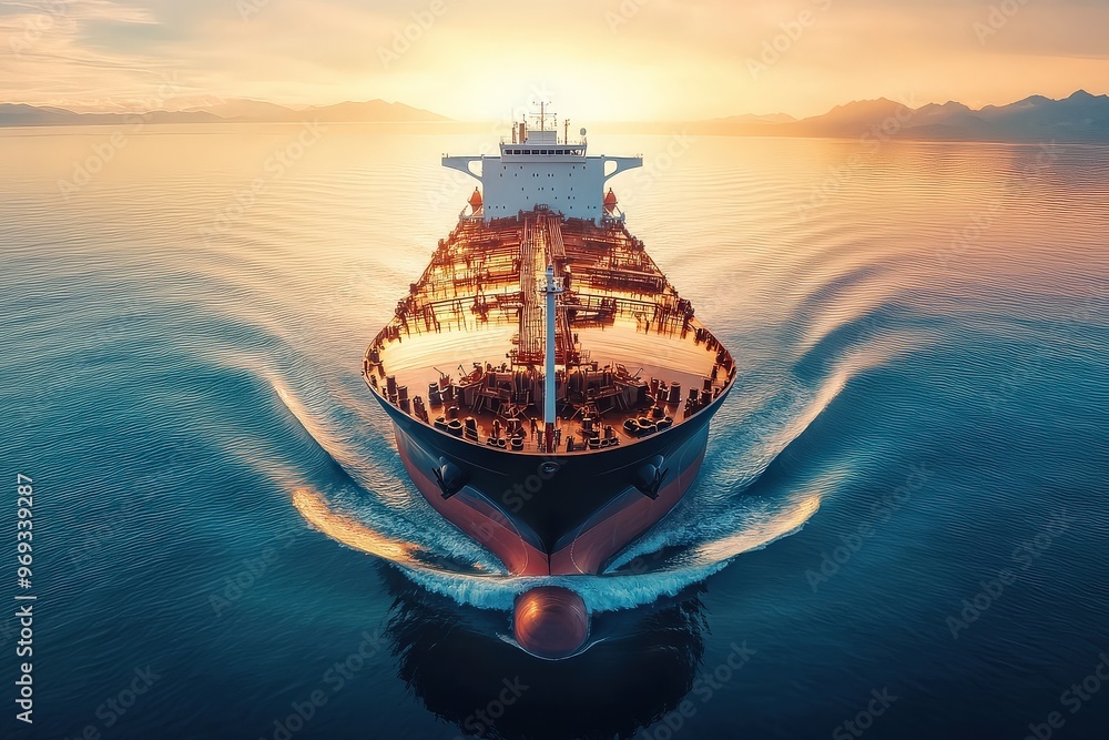 Fototapeta premium Cargo ship sailing through calm ocean at sunset