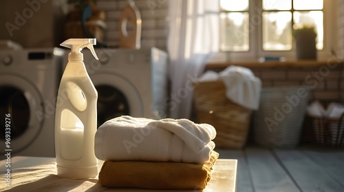 Obraz na płótnie In the washing room a bottle of laundry cleanser and a stack of clean towels w salonie