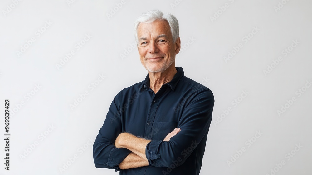 charismatic elderly gentleman with silver hair and warm smile confidently posing with arms crossed exuding wisdom and vitality against clean white studio background