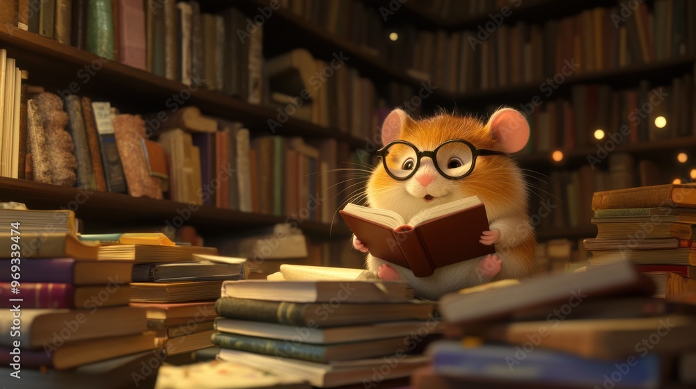 A cartoon hamster wearing tiny glasses and reading a book, sitting on a pile of books in a cozy study room. A cartoon hamster wearing tiny glasses and reading a book, sitting on a pile of books in a cozy study room.