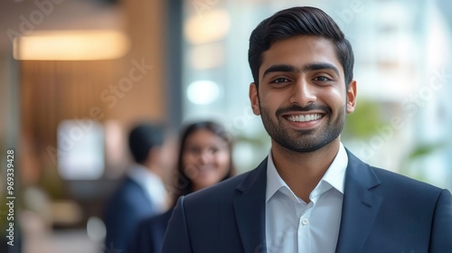 charismatic corporate leader handsome indian businessman in sharp suit confident smile modern office backdrop with diverse team warm lighting emphasizes approachability and success