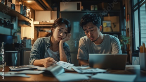 Young couple stressed over bills and finances in dimly lit workspace