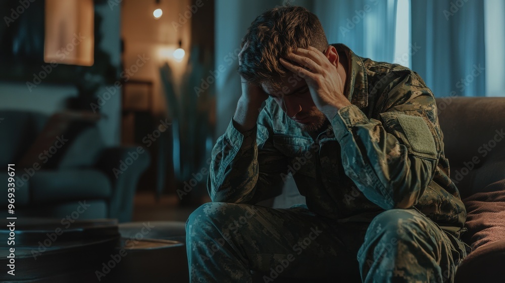 Soldier in fatigue struggles with emotions at home during nighttime Soldier in fatigue struggles with emotions at home during nighttime