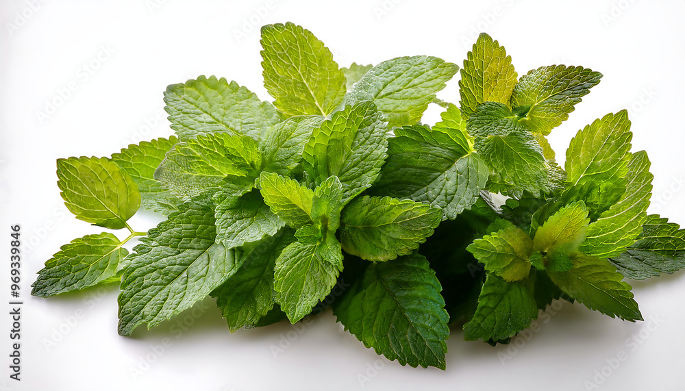 Lush Lemon Balm Cluster: Fragrant Herb Leaves Showcased on Bright White Backdrop Lush Lemon Balm Cluster: Fragrant Herb Leaves Showcased on Bright White Backdrop
