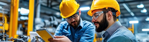 Two engineers collaborate in an industrial setting, reviewing project details on a tablet while wearing safety gear.