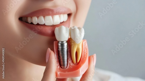 Demonstrating dental implants with a model showcasing oral health