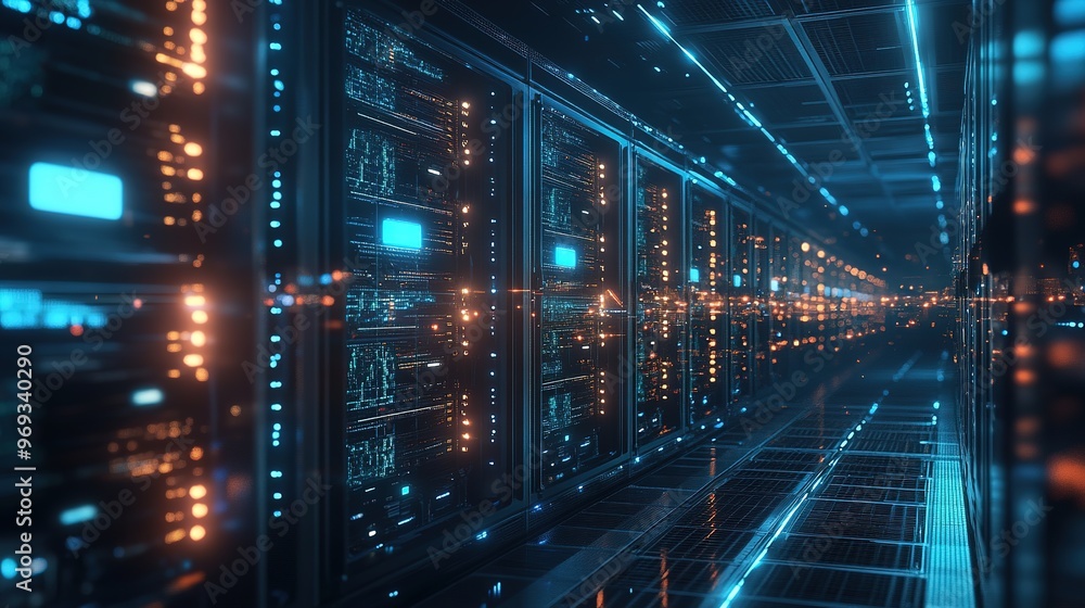 Fototapeta premium A data center filled with servers running encrypted blockchain processes
