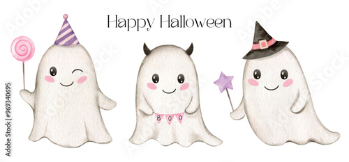 Set of vector watercolor Halloween ghost. Cute cartoon character. Cliparts for baby shower, greeting cards, party invitations. Hand painted illustration.