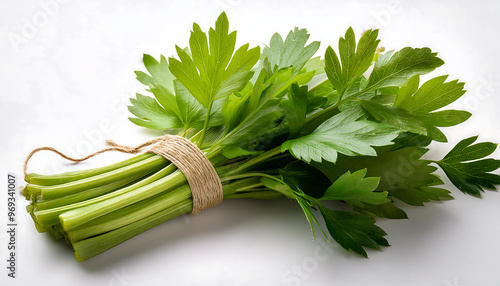 Bunch of fresh lovage isolated on a white background, ideal for natural health, herbal treatments, and culinary uses