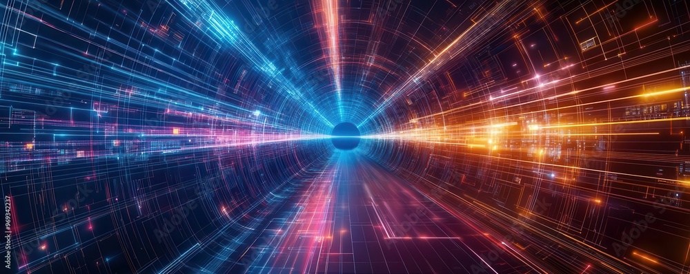 A digital tunnel with radiant light beams, converging into a seamless integration of systems, creating an immersive and innovative technological landscape A digital tunnel with radiant light beams, converging into a seamless integration of systems, creating an immersive and innovative technological landscape