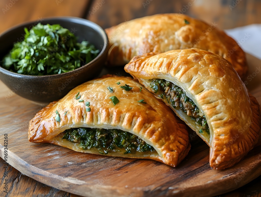 Three golden brown pastries filled with spinach and meat on a wooden board with a small bowl of parsley. Three golden brown pastries filled with spinach and meat on a wooden board with a small bowl of parsley.