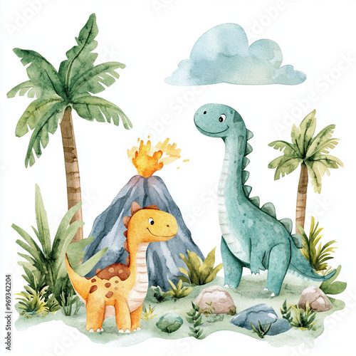 Fototapeta Naklejka Na Ścianę i Meble -  A whimsical watercolor illustration featuring two friendly dinosaurs in lush prehistoric landscape. scene includes volcano, palm trees, and vibrant greenery, evoking playful and adventurous atmosphere