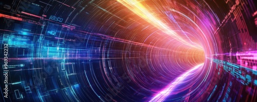 A hightech abstract tunnel, with data streams and light beams converging into the depths of cyberspace, representing the future of digital innovation and immersion