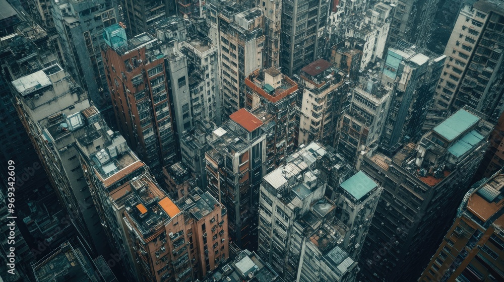 Obraz premium eye view of a dense urban area with a mix of old and new buildings.