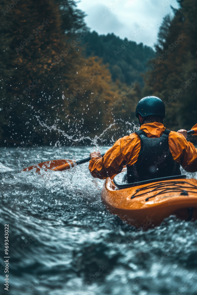 A kayaker rafting struggling with water splashes in boat in rapid river in mountain A kayaker rafting struggling with water splashes in boat in rapid river in mountain