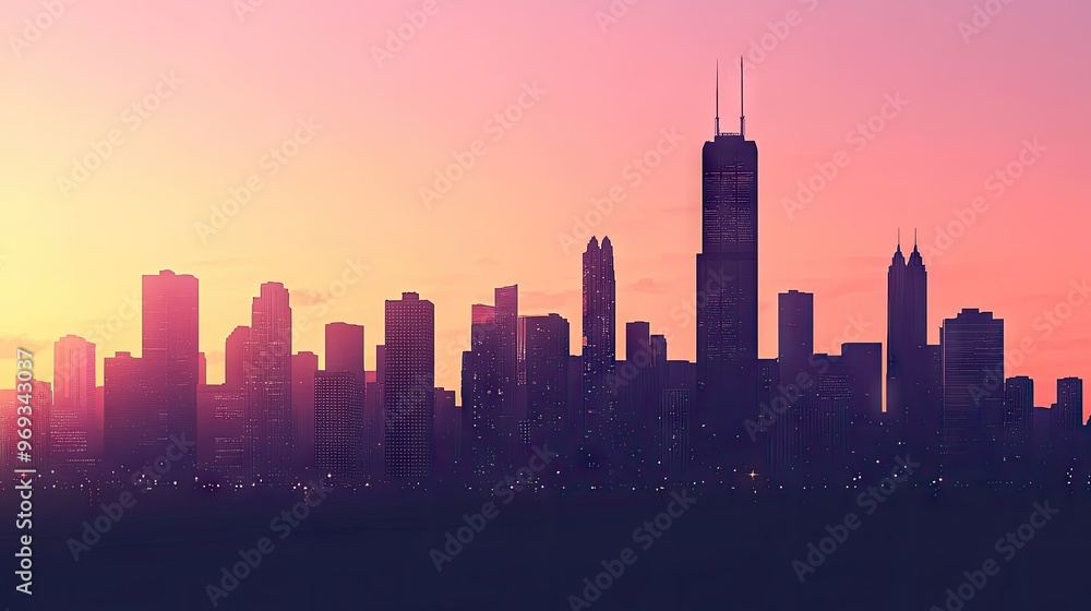City skyline at dusk, with tall buildings silhouetted against the fading light. City skyline at dusk, with tall buildings silhouetted against the fading light.