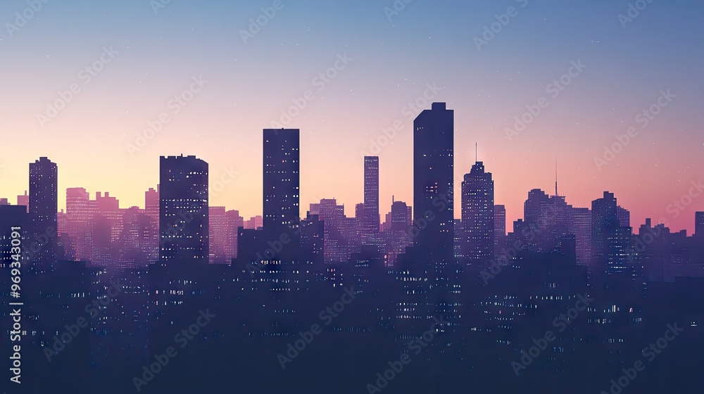 City skyline at dusk, with tall buildings silhouetted against the fading light. City skyline at dusk, with tall buildings silhouetted against the fading light.