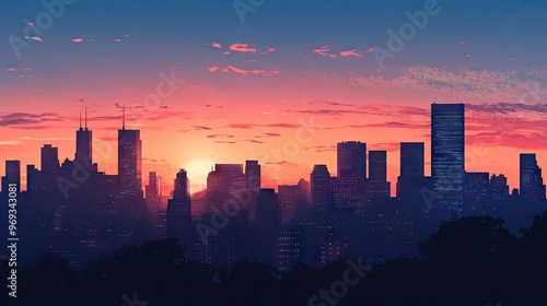 City skyline at dusk, with tall buildings silhouetted against the fading light.