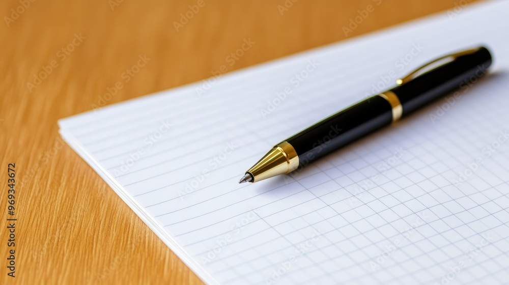 Close-up of a blank notepad on a desk with a pen, waiting for business ideas to be captured. Close-up of a blank notepad on a desk with a pen, waiting for business ideas to be captured.