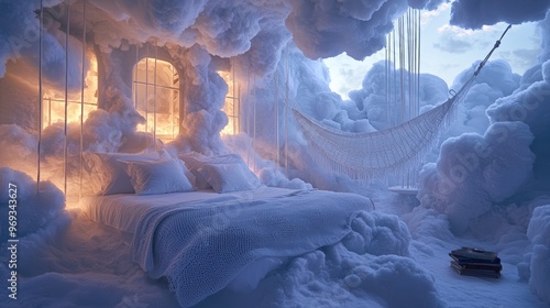 This enchanting cloud house presents a multi-layered dreamscape, innovatively blending cozy bedroom elements with whimsical cloud  photo