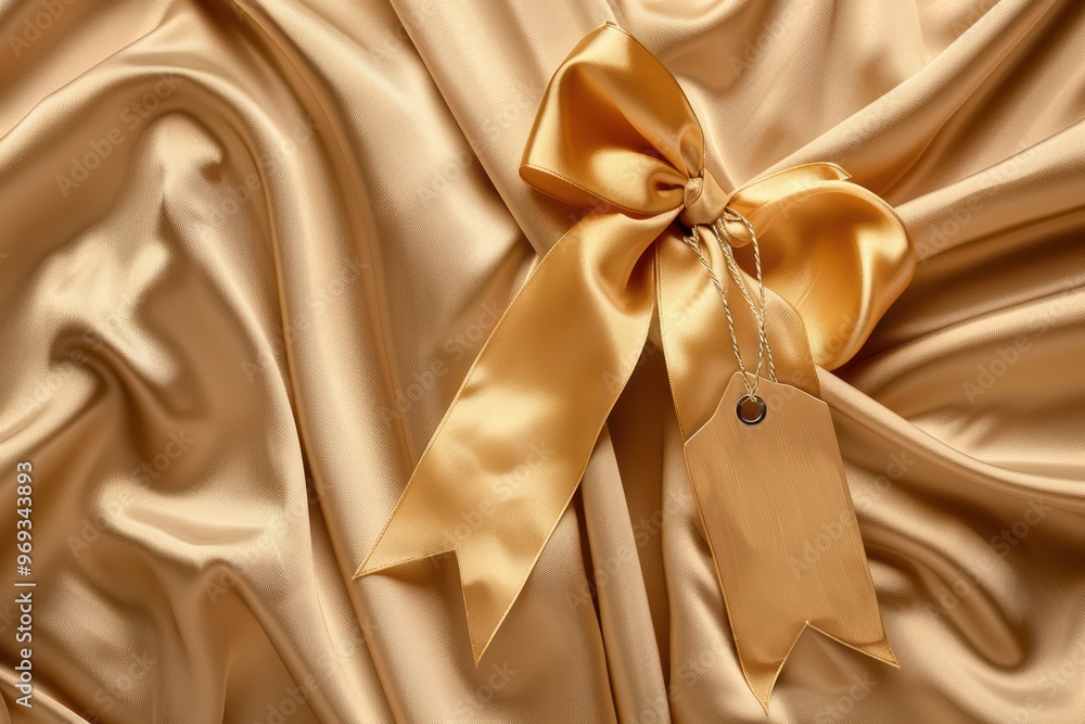 Elegant golden fabric with a satin bow and tag, perfect for gift wrapping or luxurious decoration. Elegant golden fabric with a satin bow and tag, perfect for gift wrapping or luxurious decoration.