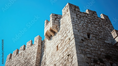 Close-up of a historic castle's stone walls and battlements under a clear blue sky. photo