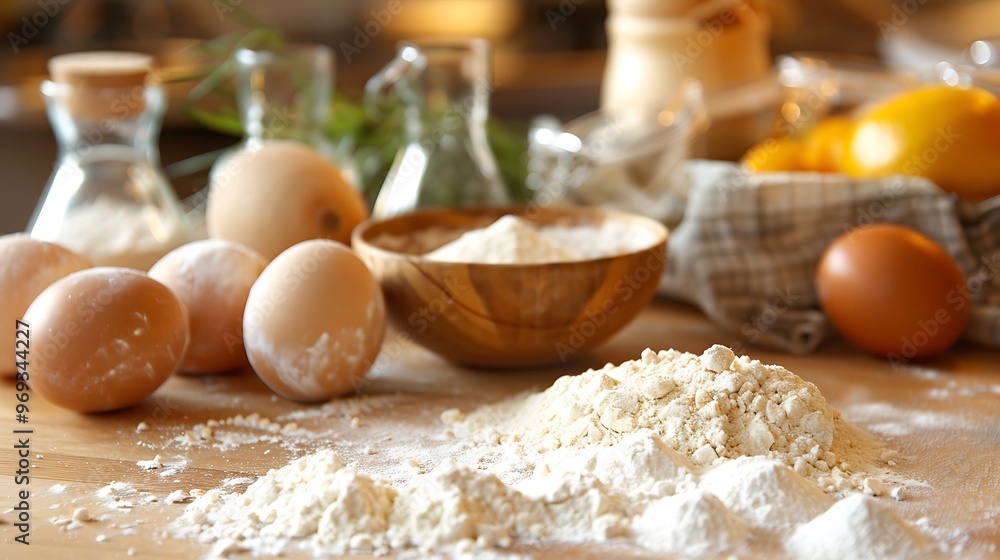 Ingredients for baking arranged on a cooking area worktop Ingredients for baking arranged on a cooking area worktop