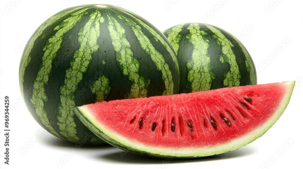 Close-up of a whole watermelon with a slice cut out, revealing its juicy red flesh. Close-up of a whole watermelon with a slice cut out, revealing its juicy red flesh.