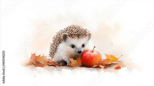 A cute hedgehog curiously examines bright red apple surrounded by autumn leaves, evoking sense of warmth and playfulness in serene setting.