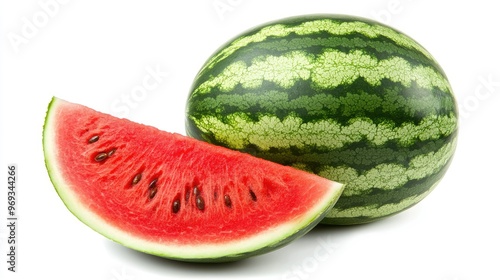 Close-up of a whole watermelon with a slice cut out, revealing its juicy red flesh.