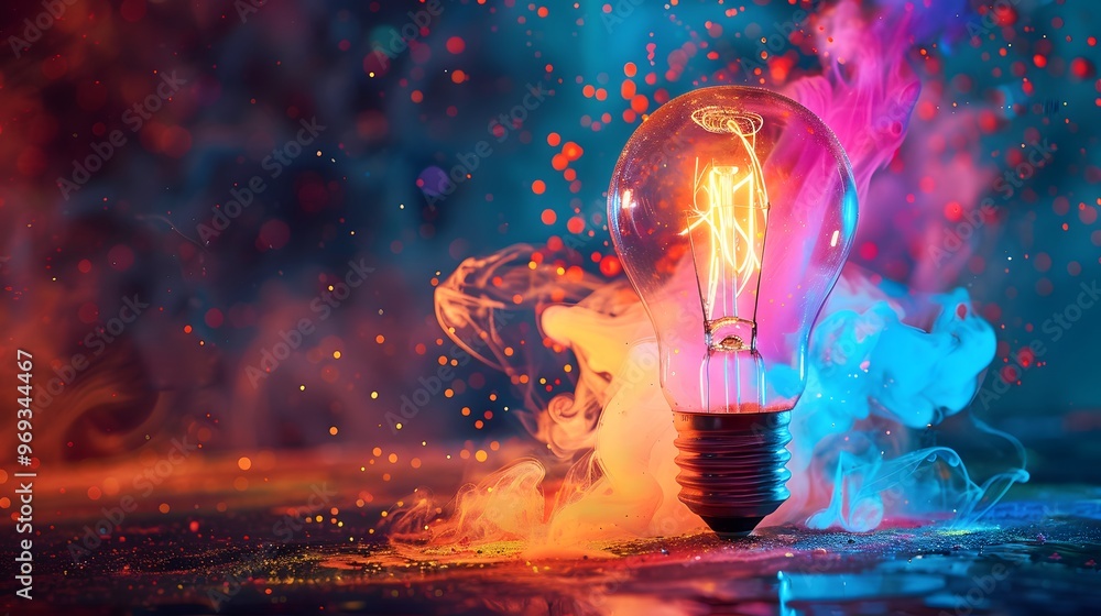 A brilliant display of color surrounds a glowing light bulb in an artistic setting A brilliant display of color surrounds a glowing light bulb in an artistic setting