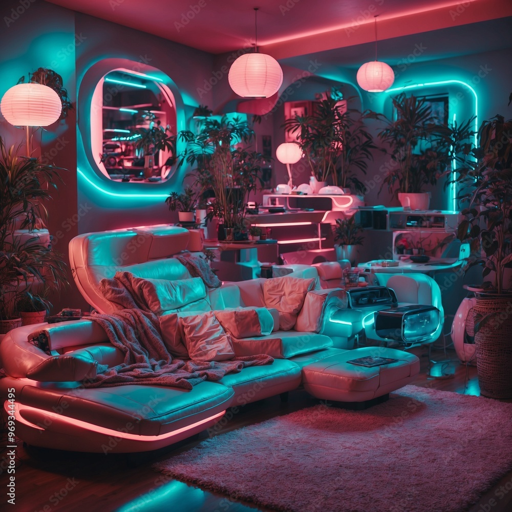 Naklejka premium Retrofuturistic Comfort: A Neon Glow Haven