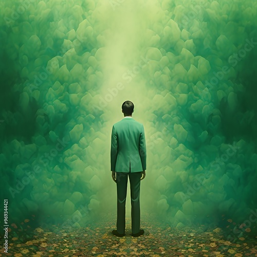 A man stands in a mystical green forest, the path ahead shrouded in a swirling mist, leading towards the unknown. photo