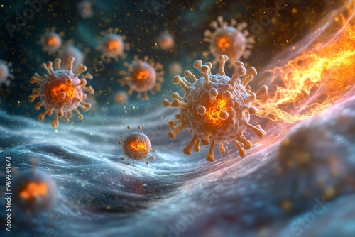 A 3D rendering of basophils releasing histamine during allergic reactions. Concept illustrated using medical illustrations, 3D rendering, allergic reactions, basophils, and histamine release. ,copy photo