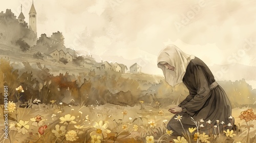 Old woman Nun praying in medieval landscape with mystical cathedral church in distance, watercolor illustration