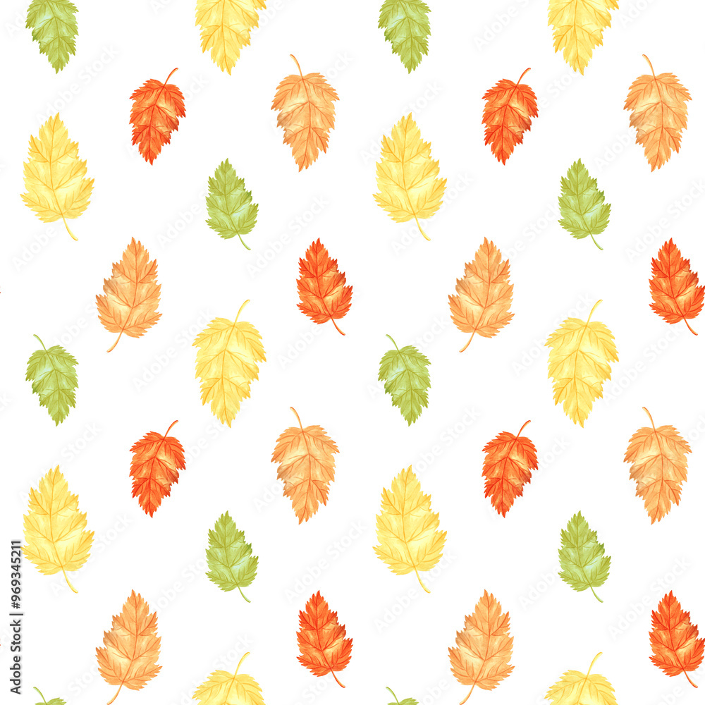 Fototapeta premium Autumn leaves seamless pattern. Fall foliage botanical background for pattern fills. Hand drawn watercolor illustration. Thanksgiving background. Template for wallpaper, card, website, cover, fabric.