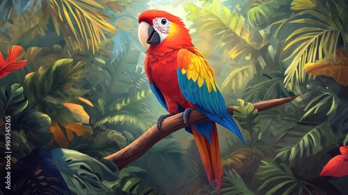 Wallpaper Mural A cartoon parrot perched on a branch, talking and surrounded by colorful tropical plants, with a playful expression. Torontodigital.ca