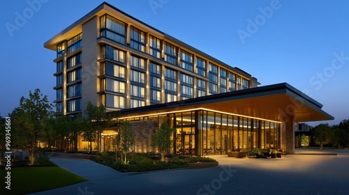 Contemporary hotel building with a sleek design and large glass windows.