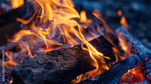 A close-up of glowing embers and flames from a campfire, creating a warm and inviting atmosphere.