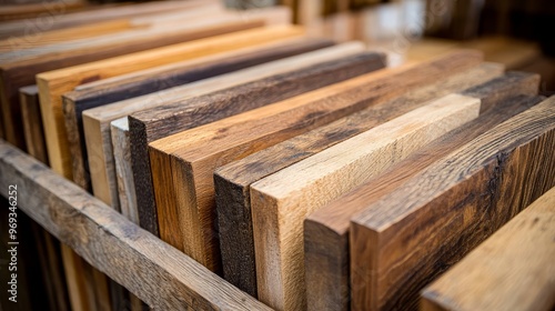 Display of rustic wood samples, featuring rich walnut and light oak. The complementary tones create a balanced and appealing visual contrast