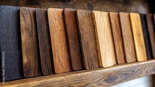 Display of rustic wood samples, featuring rich walnut and light oak. The complementary tones create a balanced and appealing visual contrast