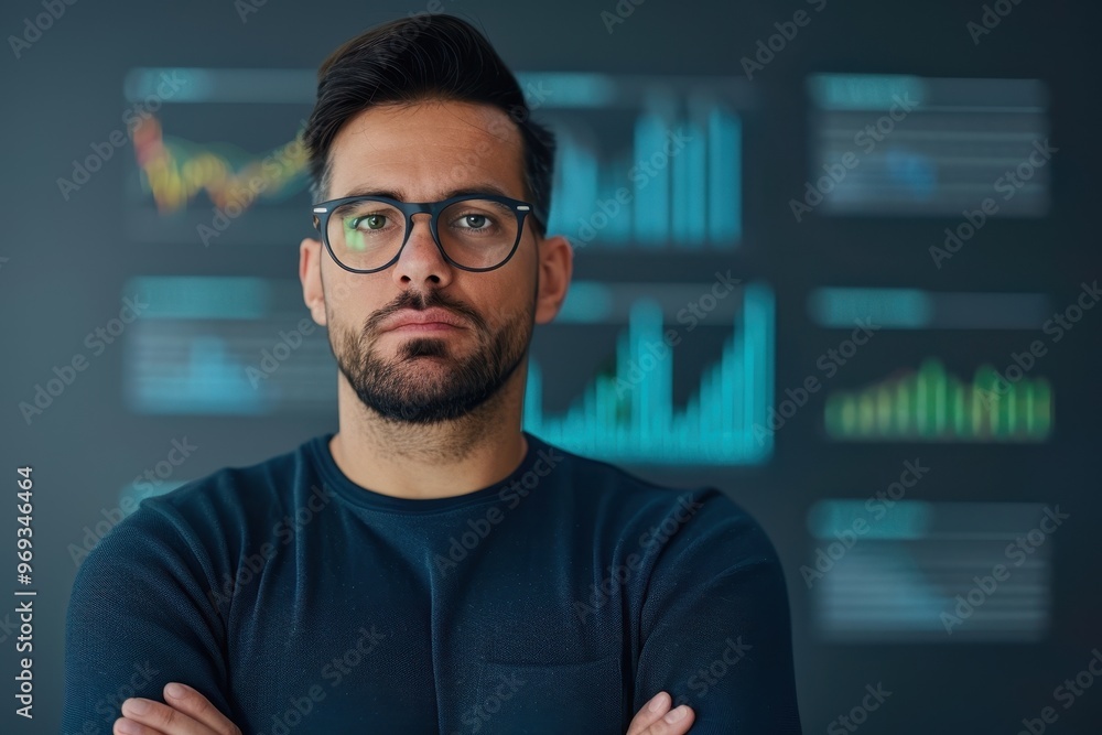 A confident data analyst with glasses stands with arms crossed, looking at the camera, with financial charts and graphs displayed in the background, highlighting data analysis and strategy. A confident data analyst with glasses stands with arms crossed, looking at the camera, with financial charts and graphs displayed in the background, highlighting data analysis and strategy.