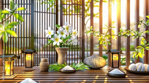 A spa setting with elements like white sea salt, vases of flowers  photo