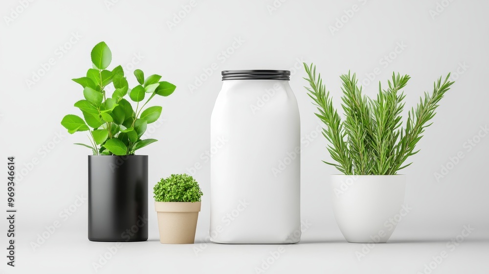 Stylish arrangement of potted plants with a white jar, perfect for a modern kitchen or home decor. Stylish arrangement of potted plants with a white jar, perfect for a modern kitchen or home decor.
