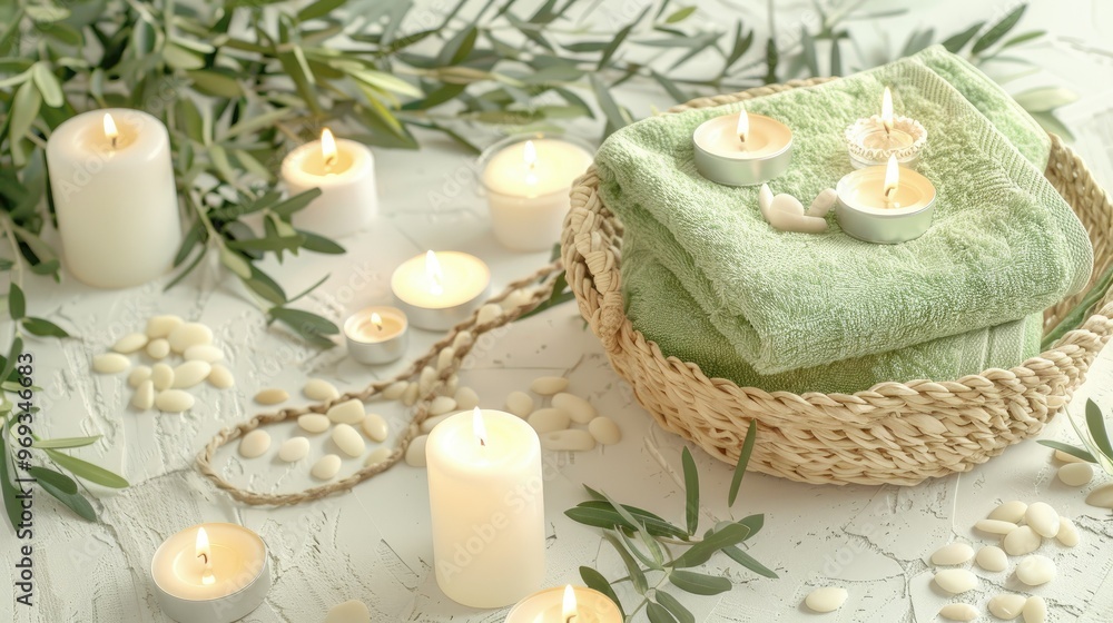 A basket of green towels on the table A basket of green towels on the table