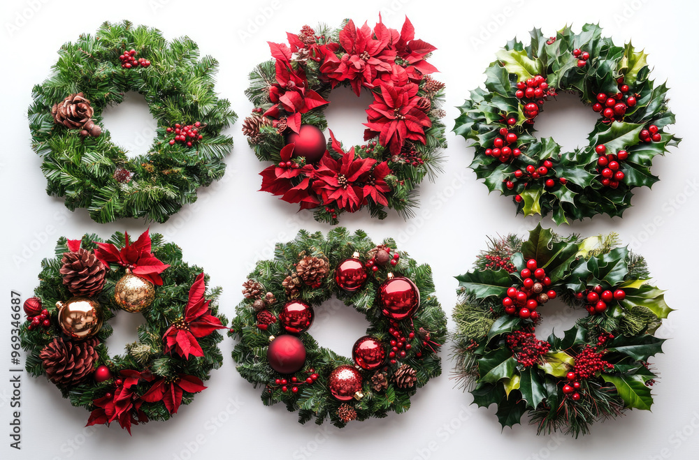 A Variety of Holiday Wreaths with Bells and Ornaments for Festive Door Decor