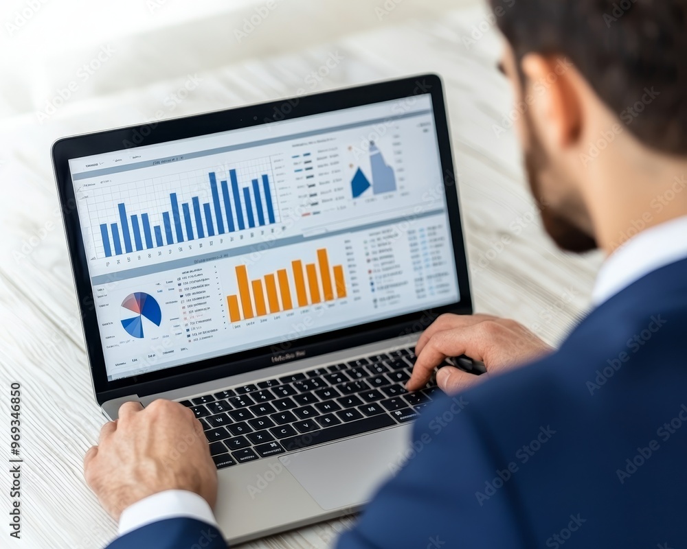 A businessman in a suit analyzes data and charts on his laptop. A businessman in a suit analyzes data and charts on his laptop.