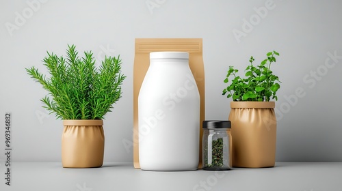 Wallpaper Mural Stylish kitchen display featuring a white bottle, natural herbs, and paper packaging, perfect for health and wellness themes. Torontodigital.ca