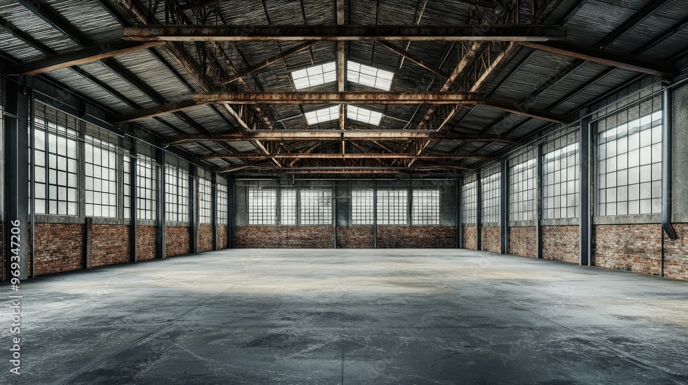 Empty warehouse interior with exposed beams and large open spaces, ready for new development. Empty warehouse interior with exposed beams and large open spaces, ready for new development.